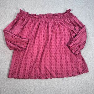 Lane Bryant Off-Shoulder Eyelet Peasant Top Plus Size 22/24 Rose/Wine 3/4 Sleeve